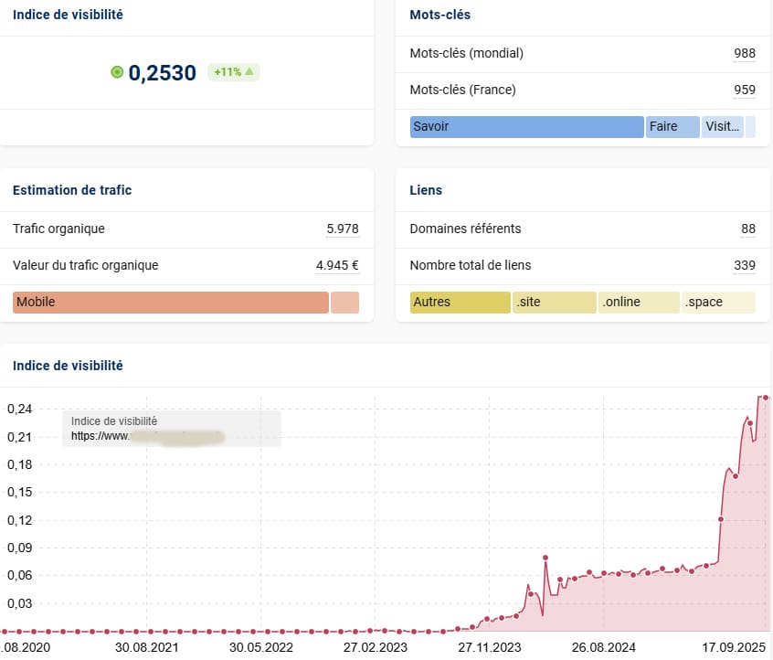 Synthèse : trafic, parts de visibilité d’un site client de dyh. Synthèse : trafic, parts de visibilité d'un site client de dyh.