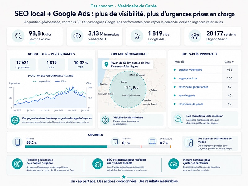 Résultats SEO local et Google Ads de Véto de Garde avec acquisition géolocalisée autour de Pau