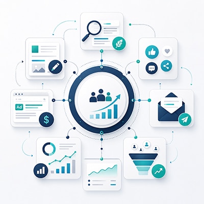 Illustration des leviers de visibilité et d’acquisition digitale : SEO, contenus, réseaux sociaux, Google Ads, emailing et conversion